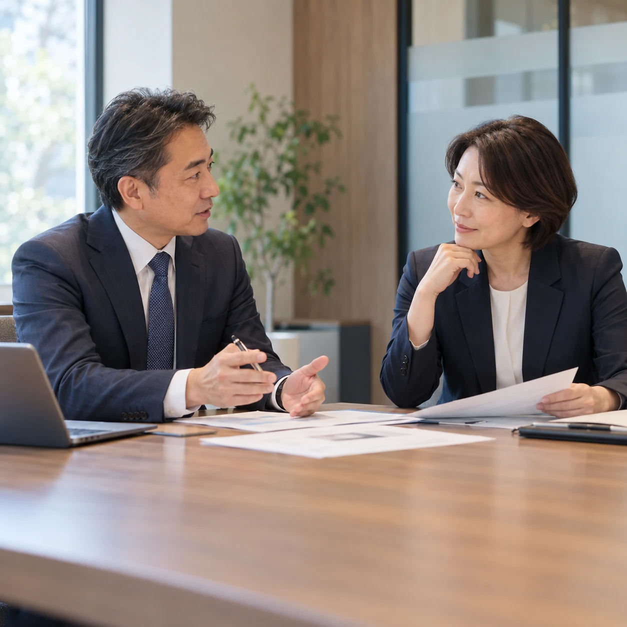 落ち着いた応接室で、スーツ姿の経営者が書類を前に事業承継について話し合うイメージ