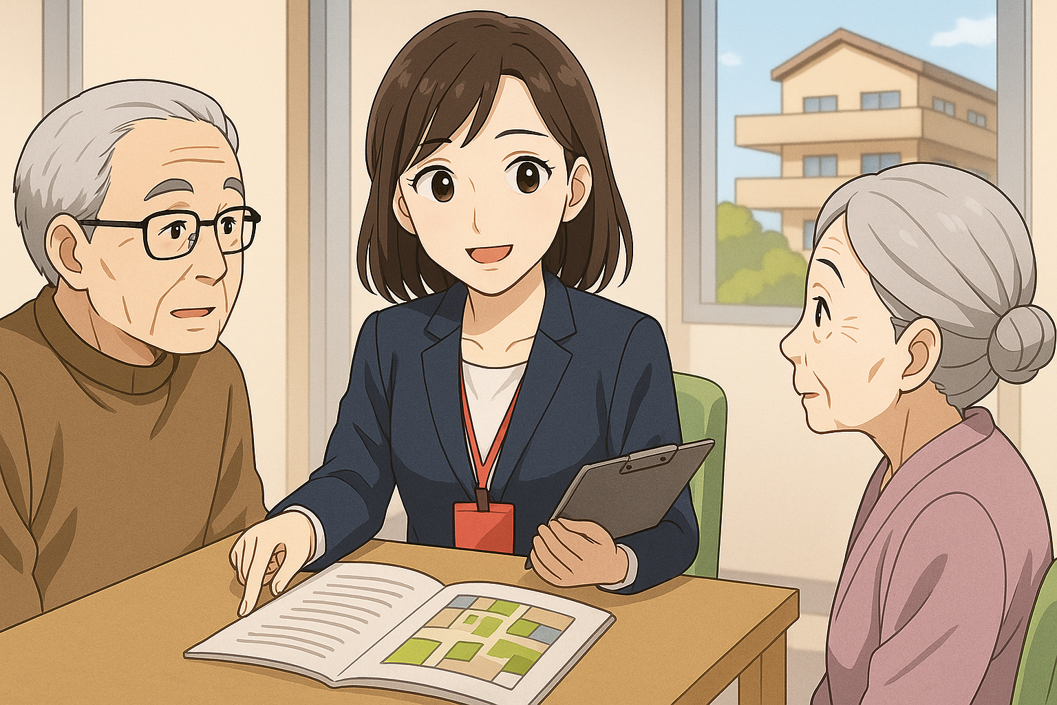 高齢者に老人ホームの費用について説明している相談員