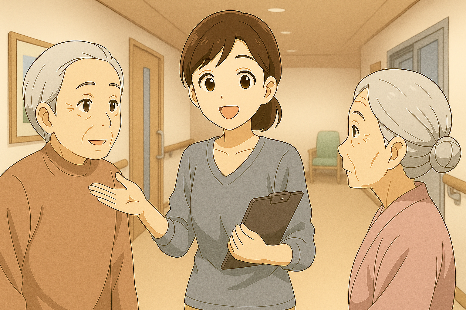 ヘルパーから介護の説明を受ける高齢者夫婦